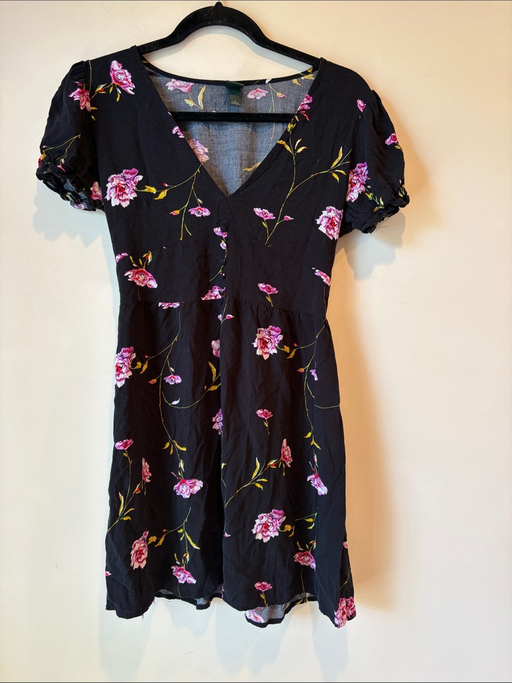 Black Floral V-Neck Mini Dress with Pink Blooms